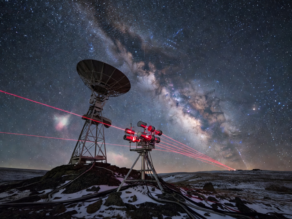 High Altitude Radio Telemetry Antenna and Laser Signal Array under Night Sky